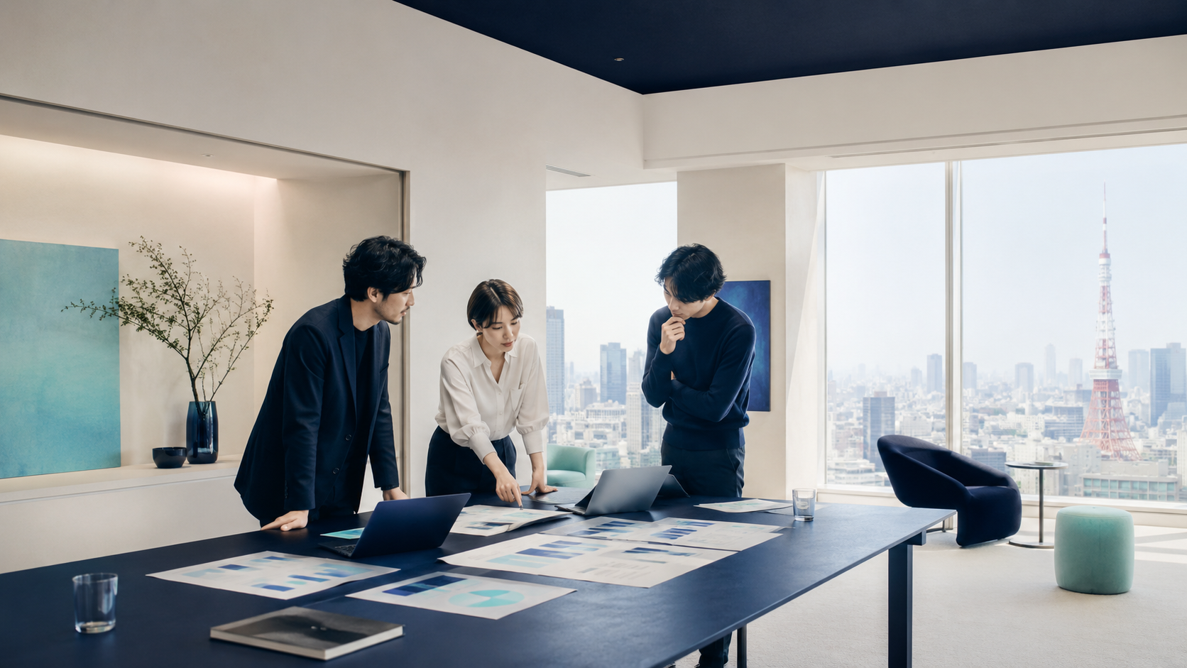 オフィスで事業構想について議論するチーム